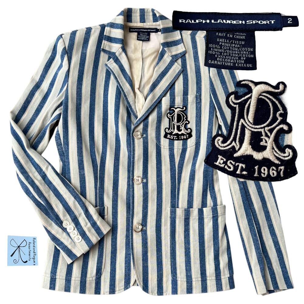 Ralph Lauren Sport Striped Cotton RL 67 Crest Blazer Sz 2
